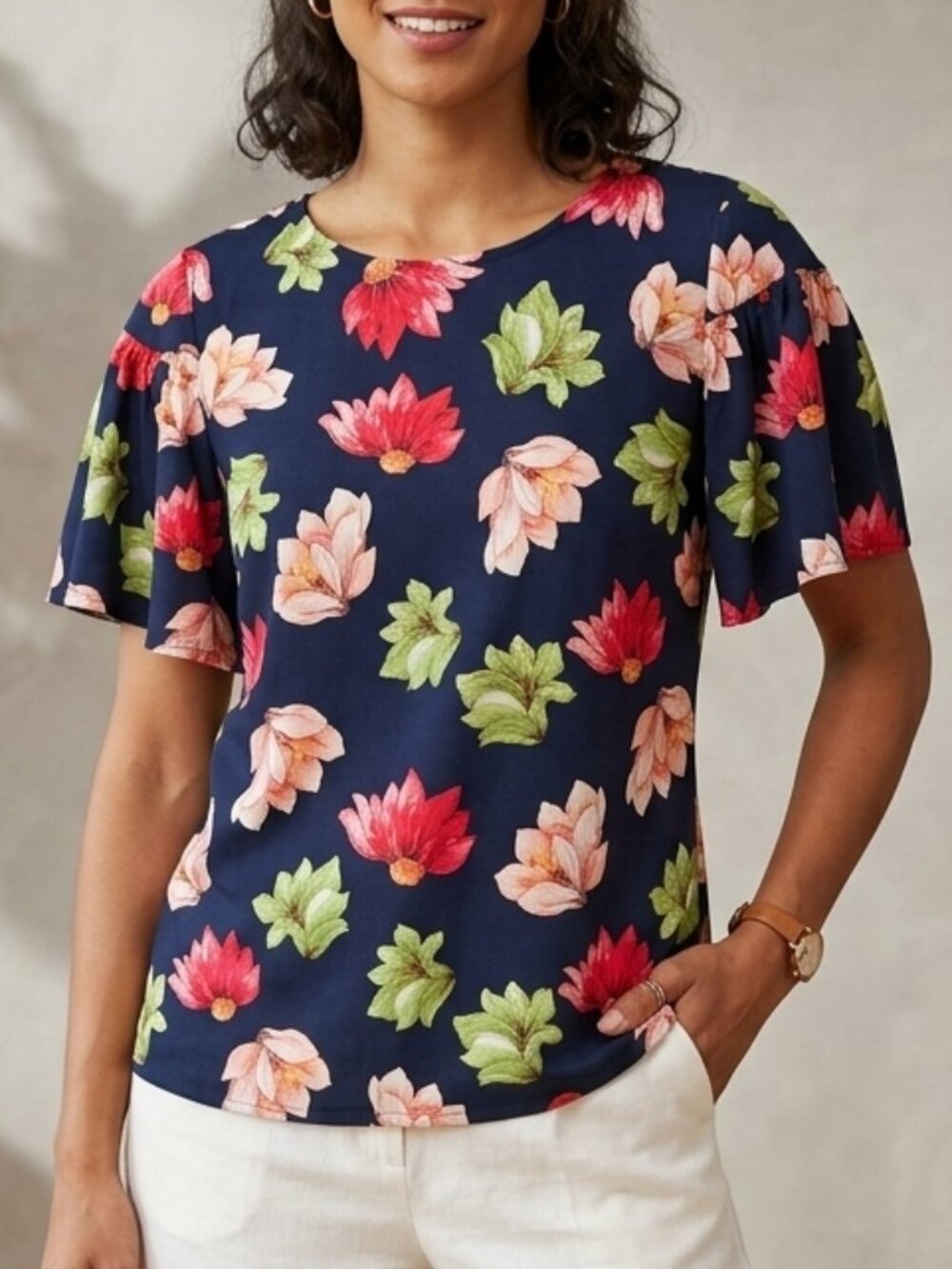 Ann Taylor Navy Floral Flutter Bell Sleeve Blouse Lotus Top Size S